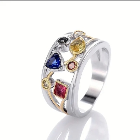 Elegant Multi-color Stone Silver and Gold Ring - Picture 2 of 13